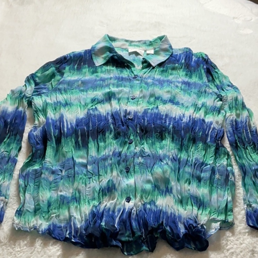 Chico's Blue and Green Ruched Button Down SunBlouse